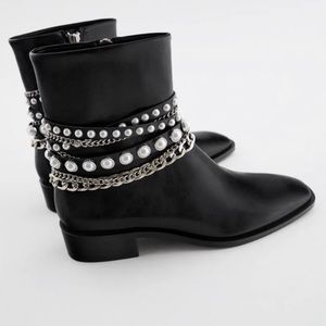 Zara Pearl and Chain low heeled boots